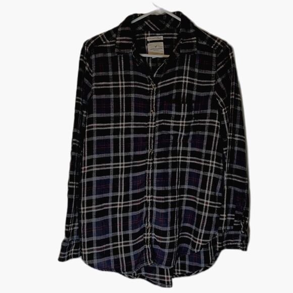 American Eagle Button Down M Flannel Shirt Blue Red Plaid Normcore Cozycore - Picture 1 of 4